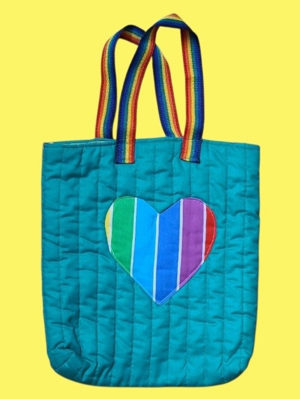 🖤 Handmade Quilted Rainbow Tote Bag Teal Blue Heart Pocket Kidcore Utility